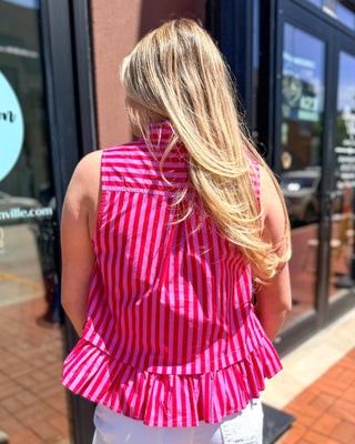 Entro Pink + Red Bow Peplum Top – Striped Statement Blouse - Shopbluemoonbentonville