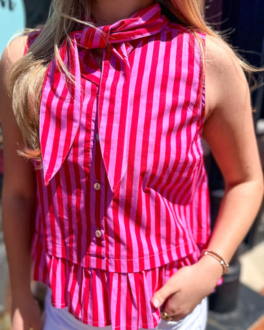 Entro Pink + Red Bow Peplum Top – Striped Statement Blouse - Shopbluemoonbentonville