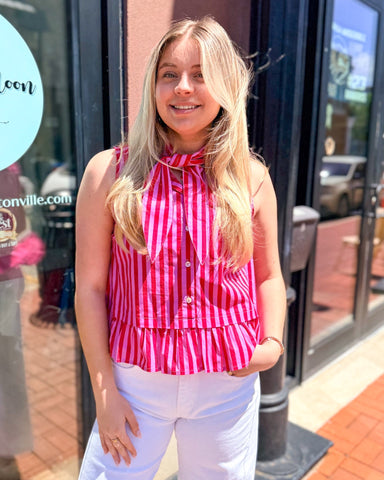 Entro Pink + Red Bow Peplum Top – Striped Statement Blouse - Shopbluemoonbentonville