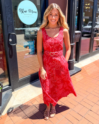 Entro Red Floral Belted Midi Dress - Shopbluemoonbentonville
