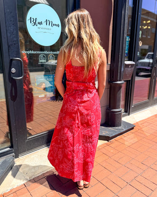 Entro Red Floral Belted Midi Dress - Shopbluemoonbentonville
