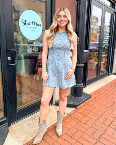 Floral Washed Denim Sleeveless Dress