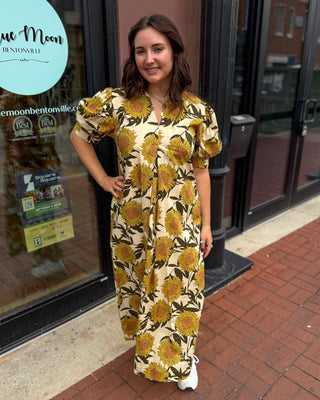 Golden Yellow Floral Midi Dress - Blue Moon Bentonville