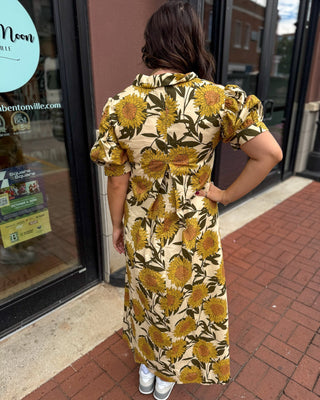 Golden Yellow Floral Midi Dress - Blue Moon Bentonville