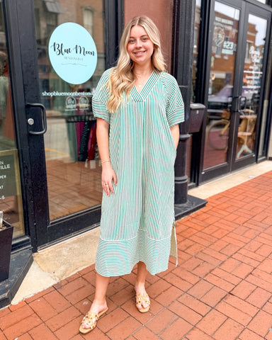 Green Striped Seersucker Midi Dress