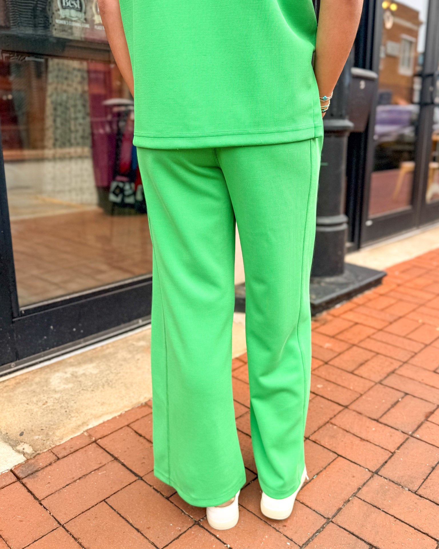 Green Pop Luxe Sand Wash Rib Wide-Leg Pants