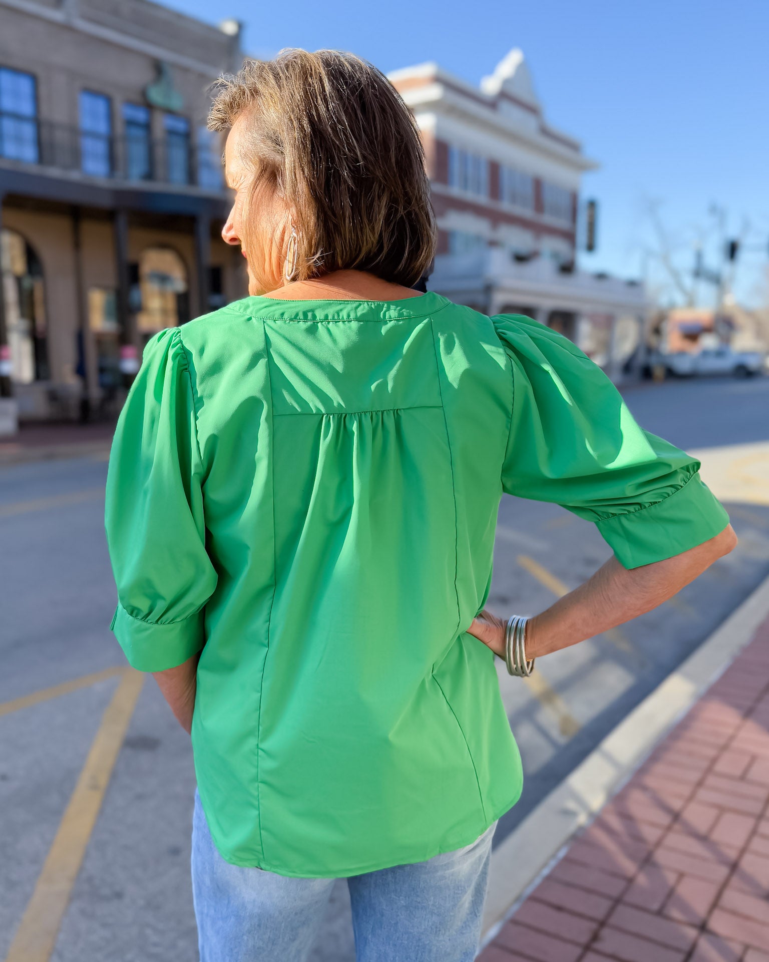 Green Top with Split Band Collar