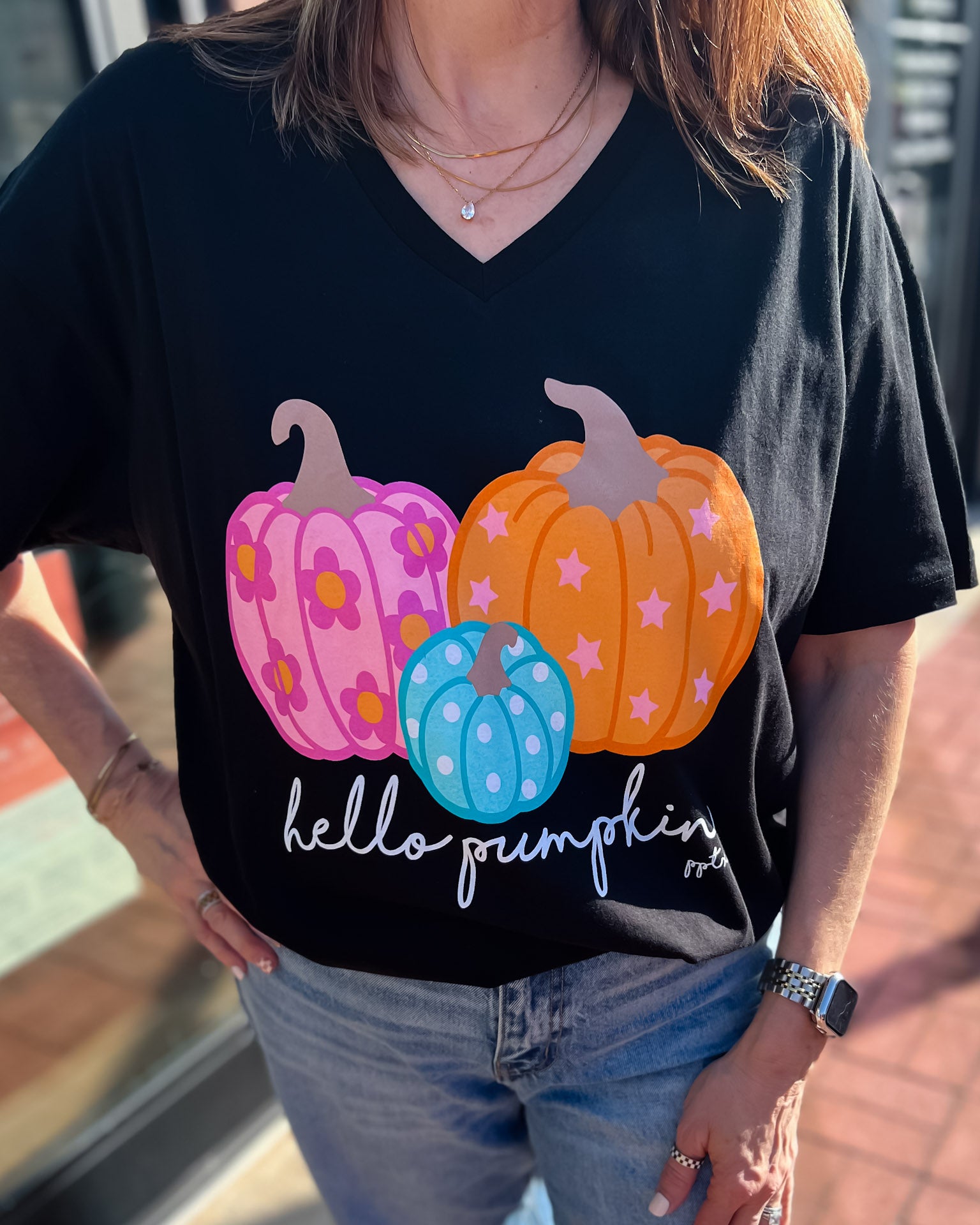 Hello Pumpkin Vneck Graphic Tshirt