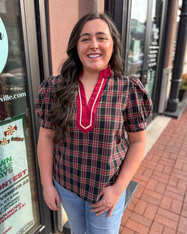 Holiday Navy Plaid V-Neck Blouse