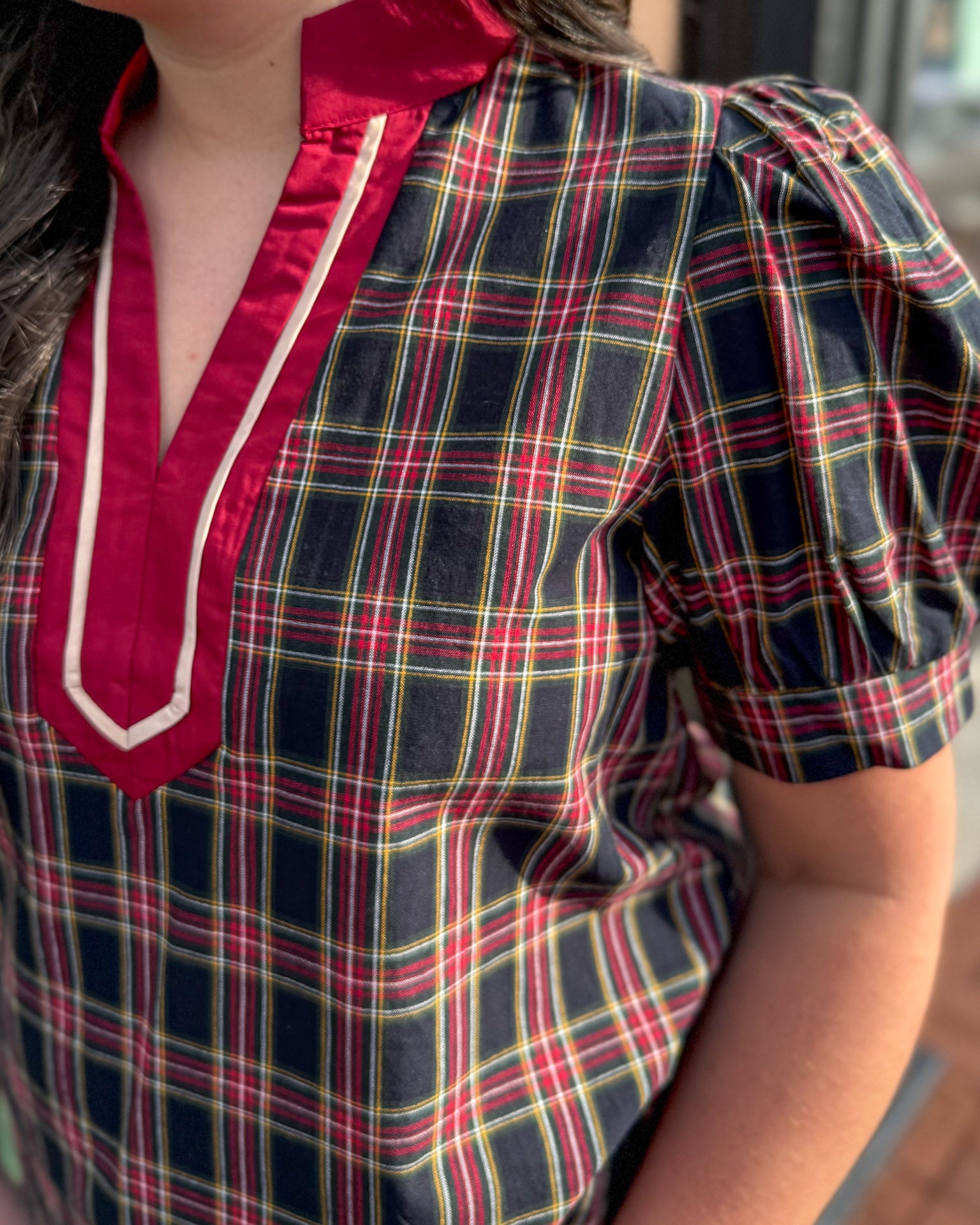Holiday Navy Plaid V-Neck Blouse