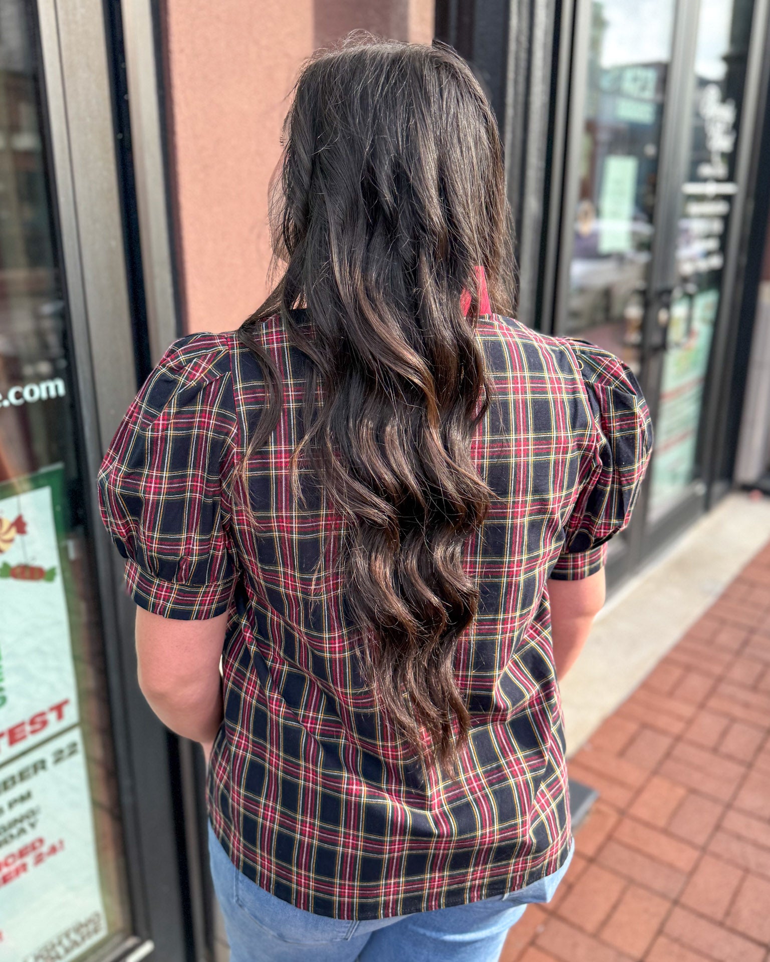Holiday Navy Plaid V-Neck Blouse