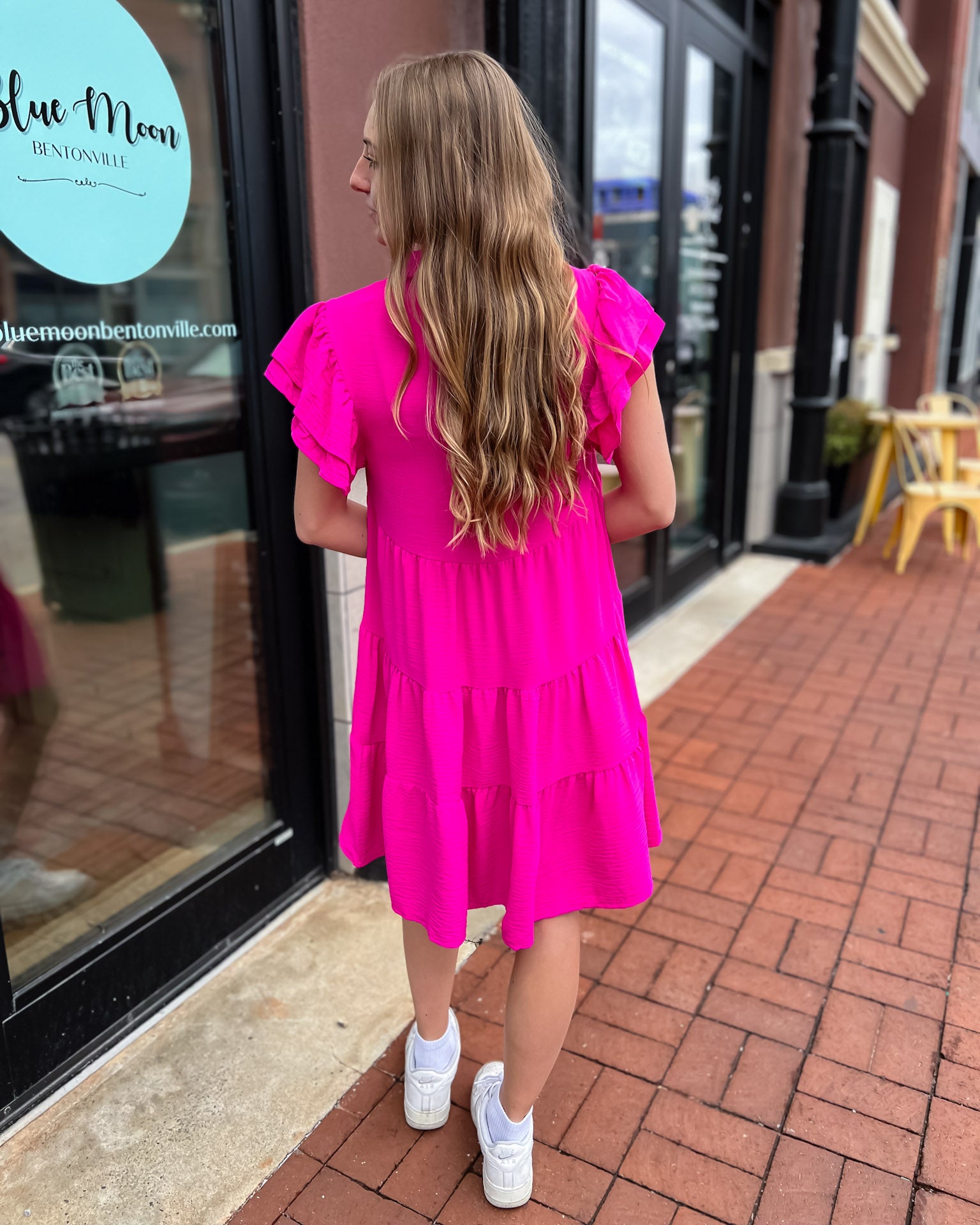 Hot Pink Tiered Dress w/Flutter Sleeves