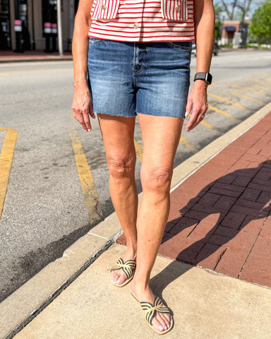 High Rise Clean Cut Hem Denim Shorts