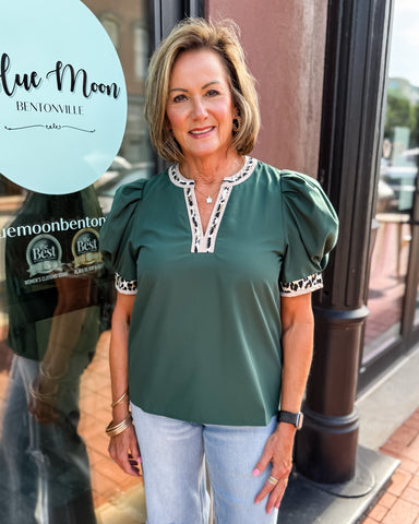 Hunter Green Top with Leopard Accent