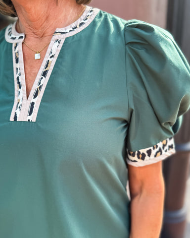 Hunter Green Top with Leopard Accent
