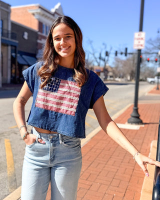 Indigo Blue Patchwork Flag Top - Shopbluemoonbentonville