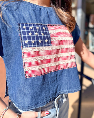 Indigo Blue Patchwork Flag Top - Shopbluemoonbentonville