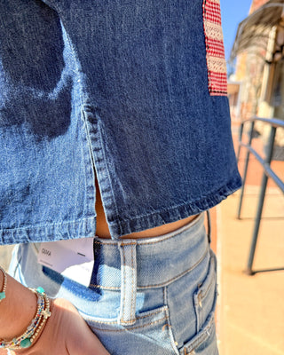 Indigo Blue Patchwork Flag Top - Shopbluemoonbentonville