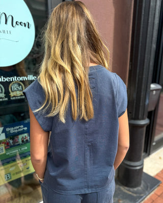 Indigo Ribbed Trim Cap Sleeve Top - Blue Moon Bentonville