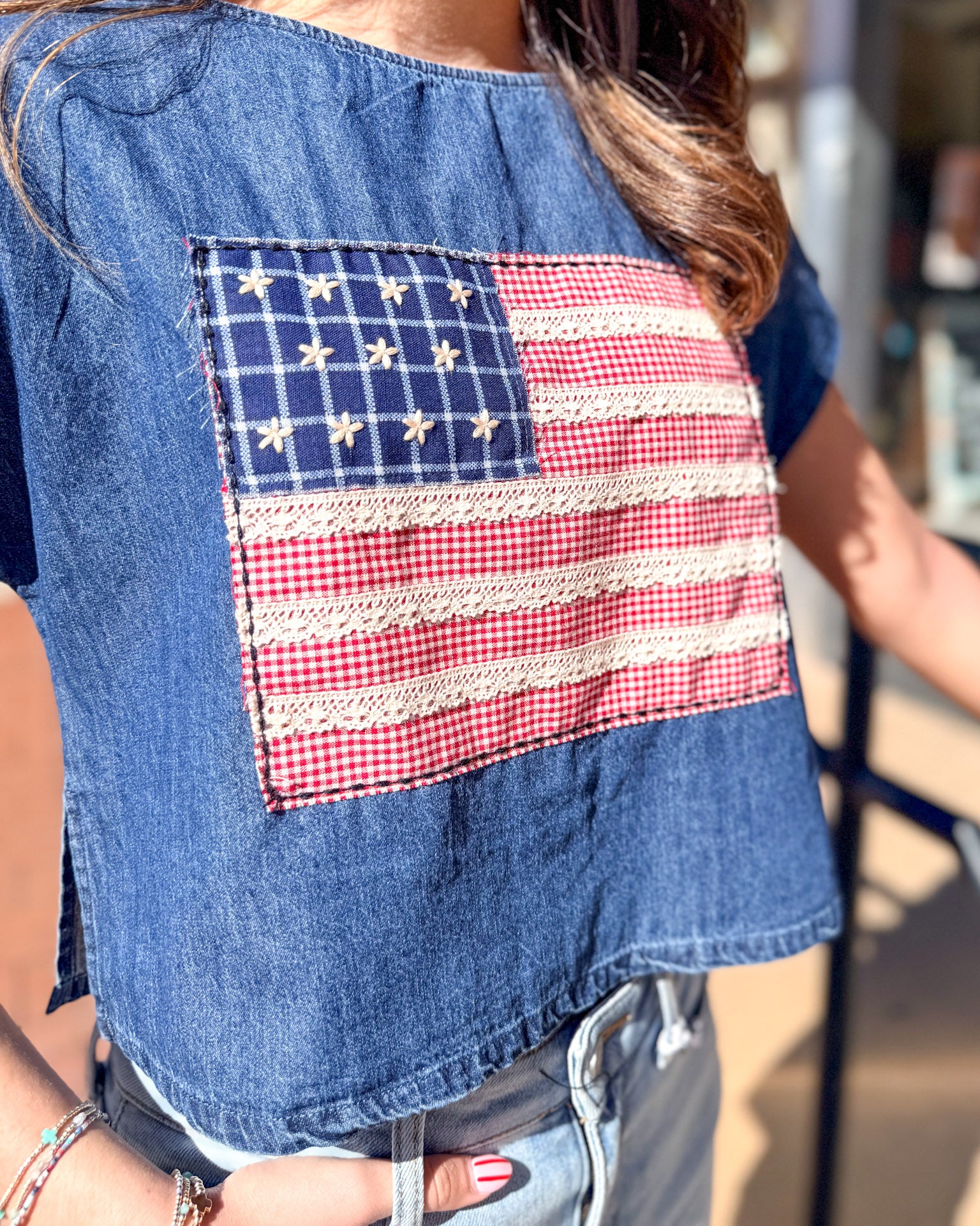Indigo Blue Patchwork Flag Top