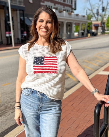 Ivory American Flag Crochet Sweater