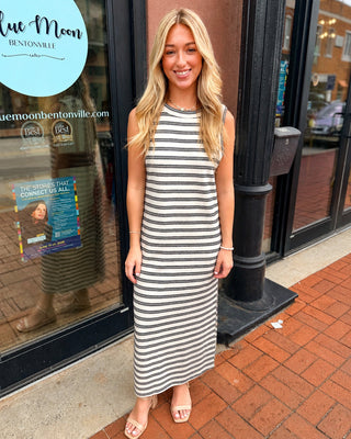 Ivory & Black Striped Sleeveless Midi Dress - Shopbluemoonbentonville