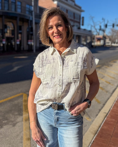 Ivory/Navy Scenic Print Blouse 