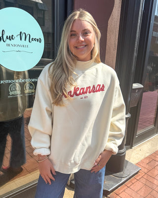 Ivory Razorback Bold Script mockneck sweatshirt by LivyLu, shown front and back on model
