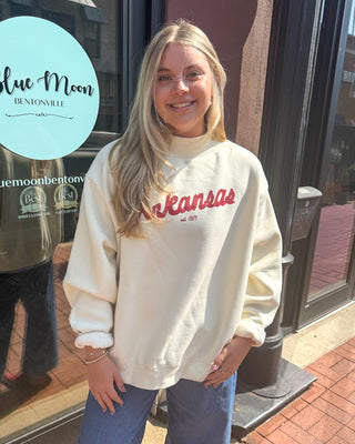 Ivory Razorback Bold Script Mockneck Sweatshirt - Blue Moon Bentonville