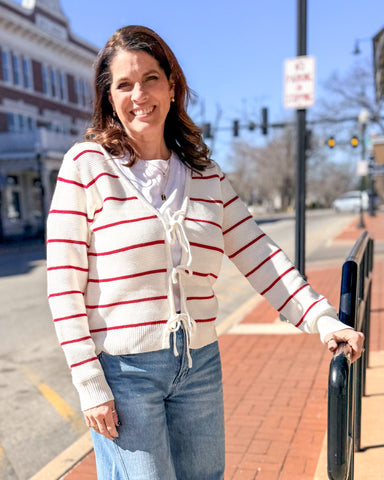 Ivory/Red Tie-Front Cardigan