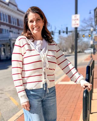 Ivory/Red Tie - Front Cardigan - Shopbluemoonbentonville