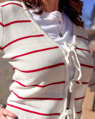 Ivory/Red Tie - Front Cardigan - Shopbluemoonbentonville