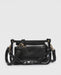 Black handbag with chain detail on a light gray background
