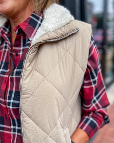 Khaki Quilted Fleece Puffer Vest