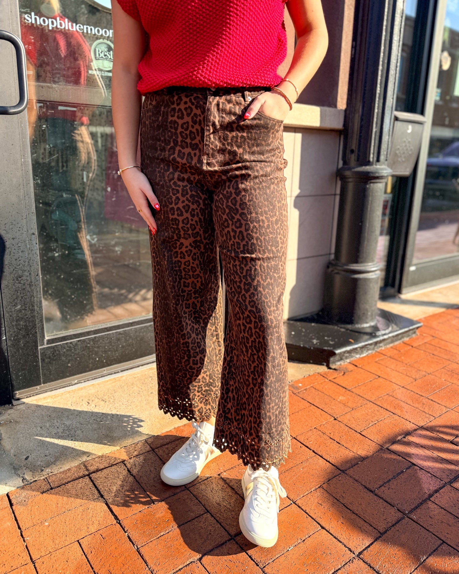 Leopard Pants w/Floral Embroidered Hem