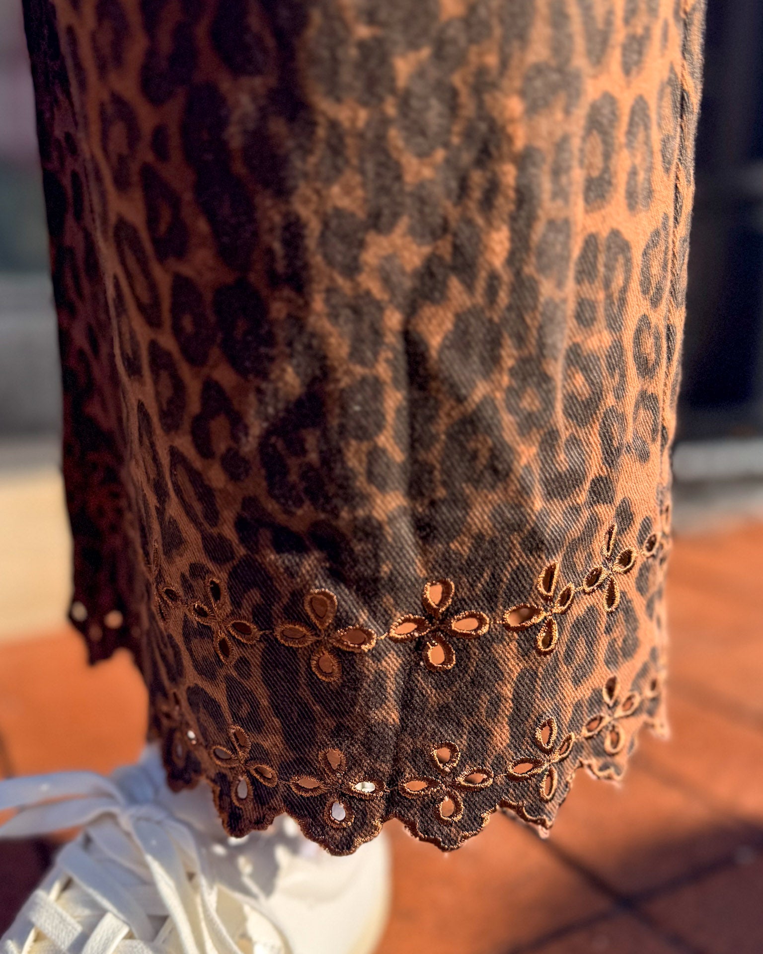 Leopard Pants w/Floral Embroidered Hem