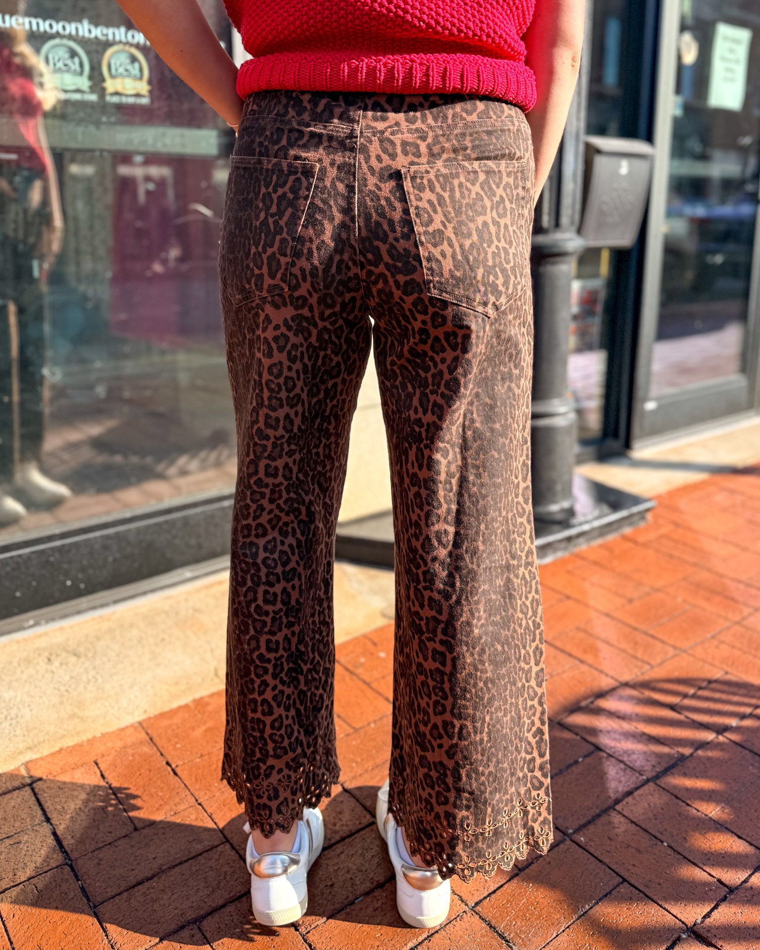 Leopard Pants w/Floral Embroidered Hem