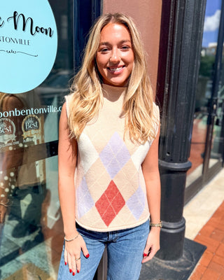Light Taupe Argyle Sleeveless Sweater - Blue Moon Bentonville