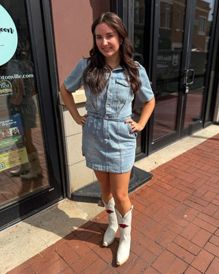 Light wash denim utility dress