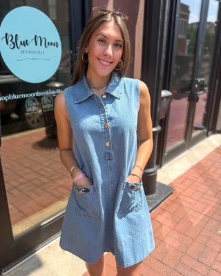 Light Wash Sleeveless Denim Shirt Dress