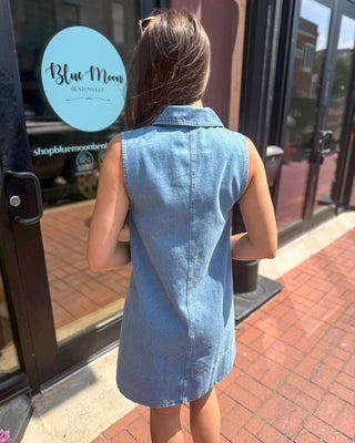 Light Wash Sleeveless Denim Shirt Dress