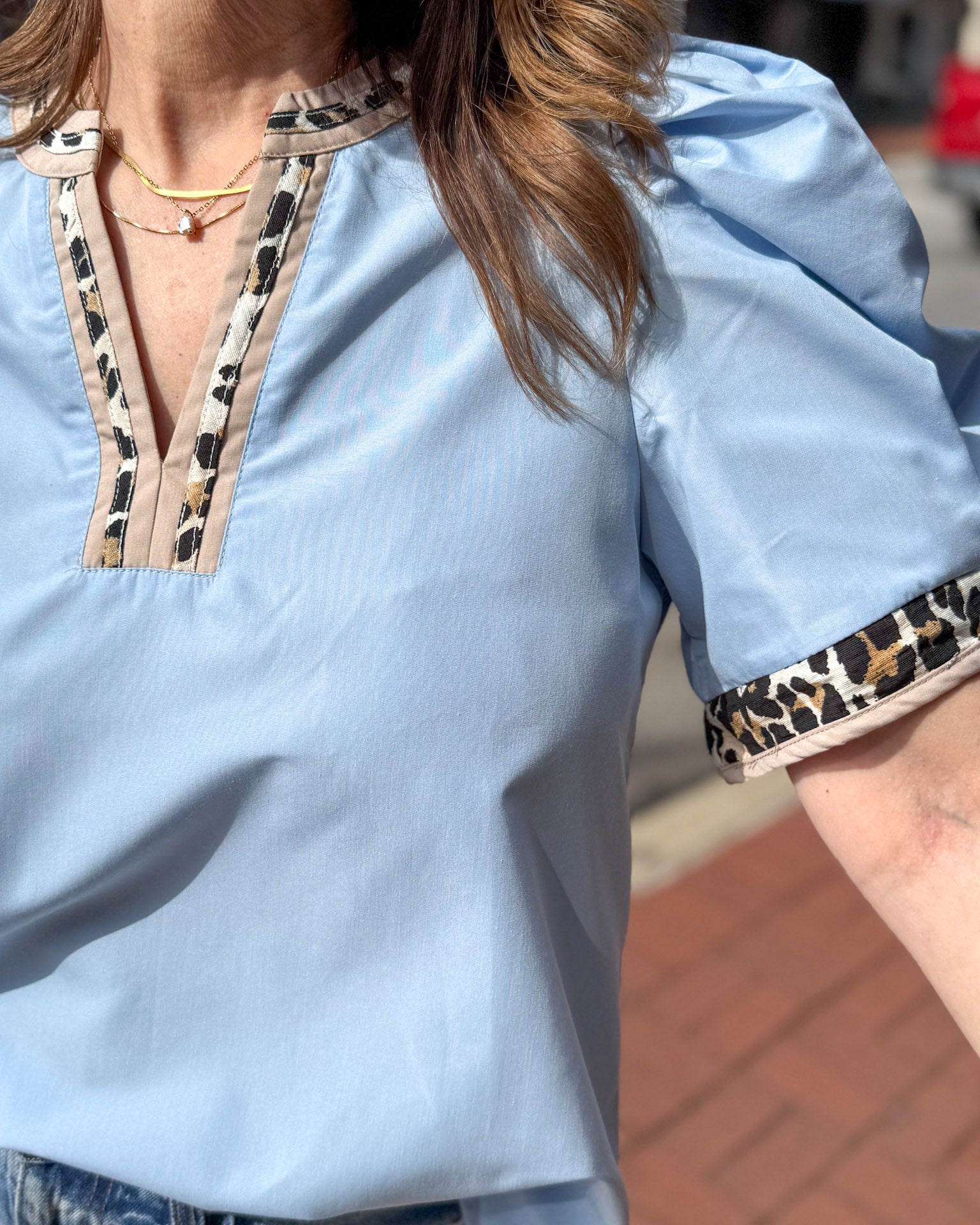 Light Blue Top w/ Leopard Accent