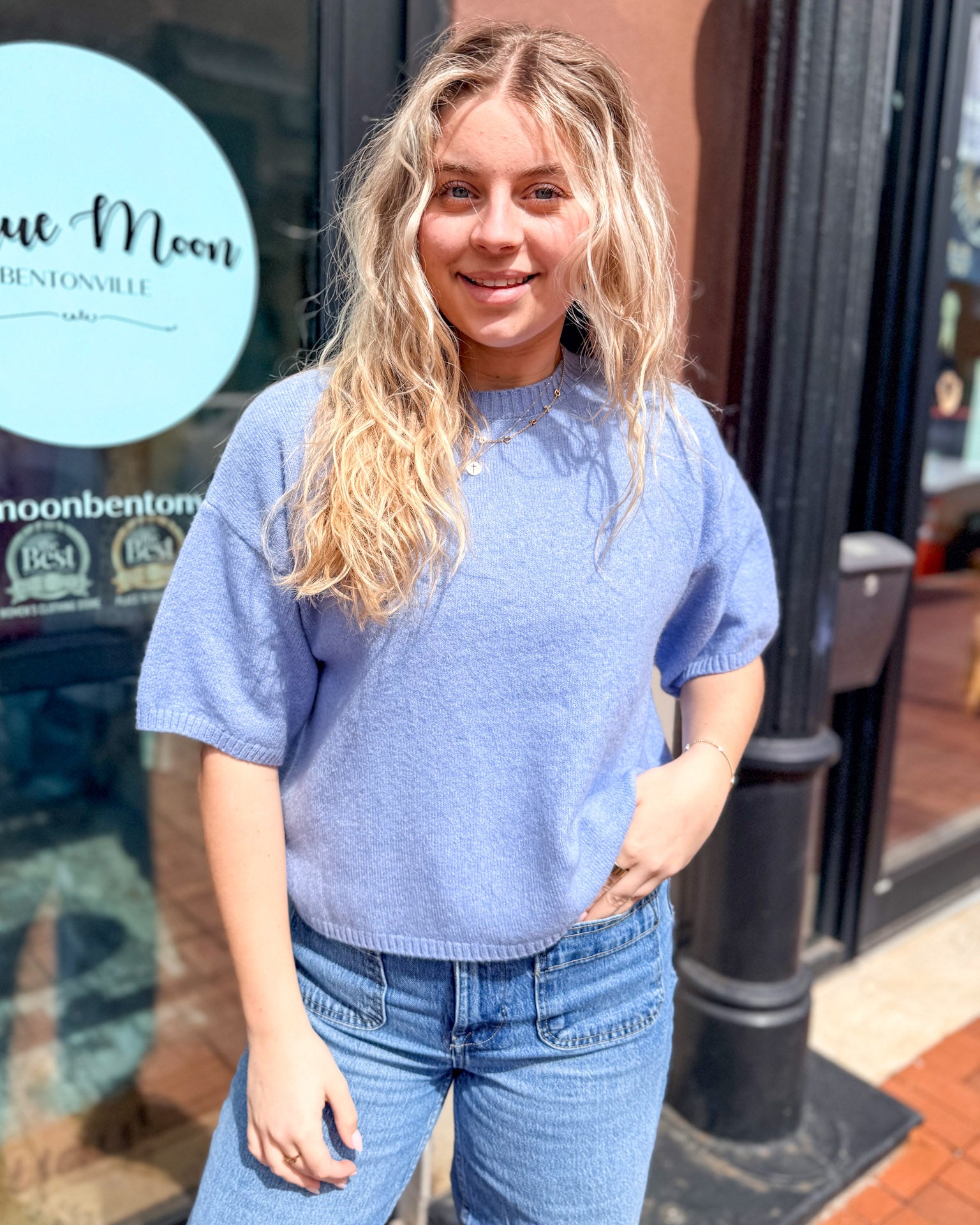 Light Blue Short Sleeve Crewneck Sweater