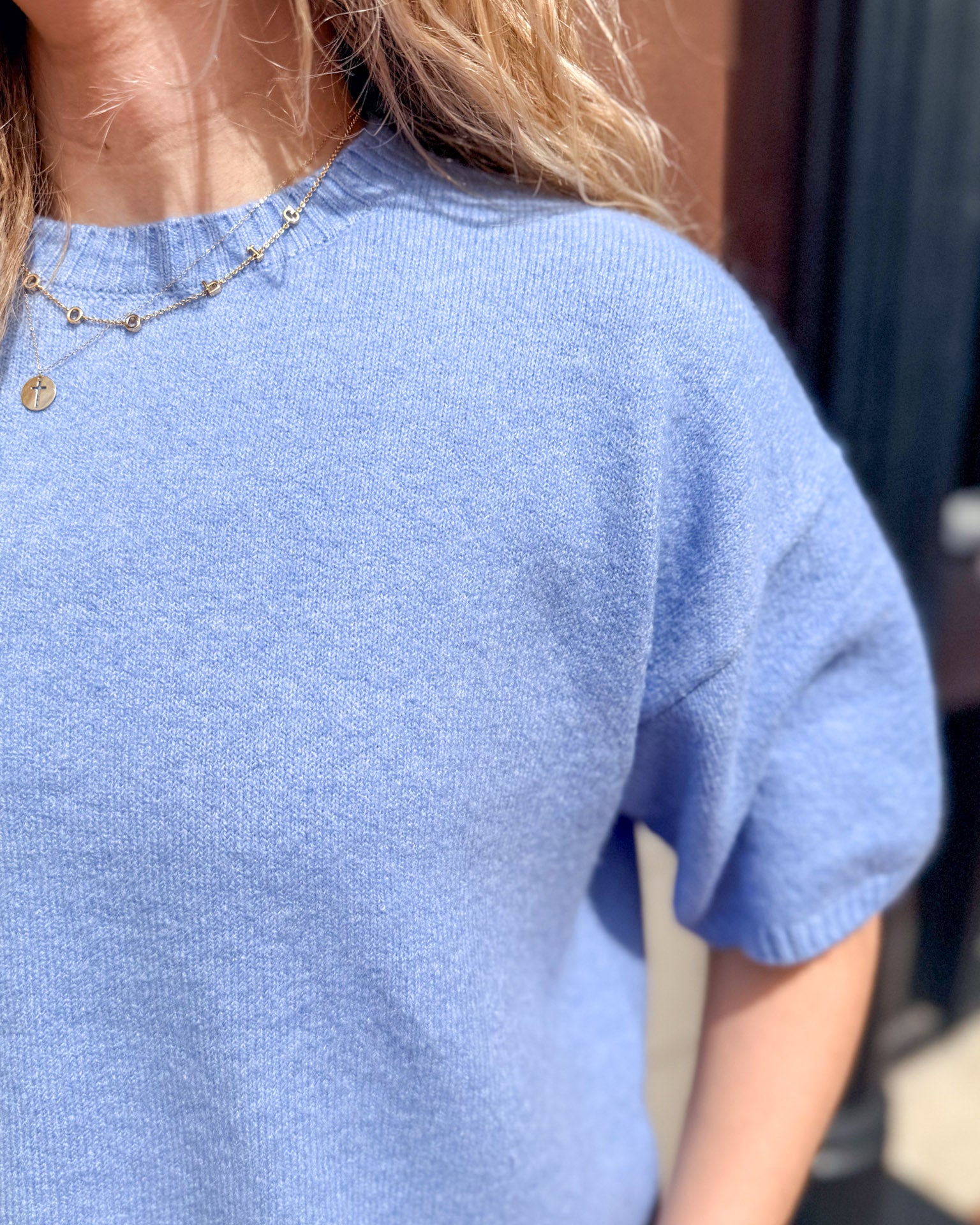 Light Blue Short Sleeve Crewneck Sweater