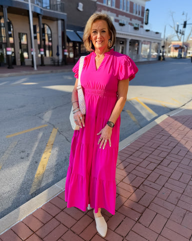 Magenta Midi Dress with Bubble Sleeve