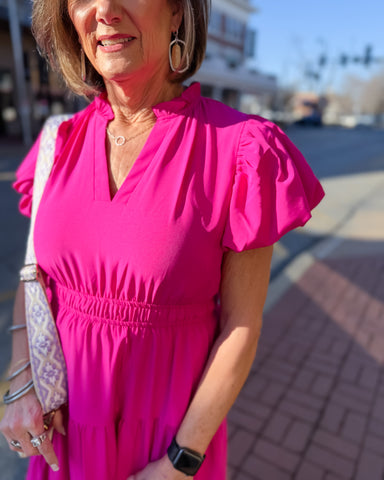 Magenta Midi Dress with Bubble Sleeve