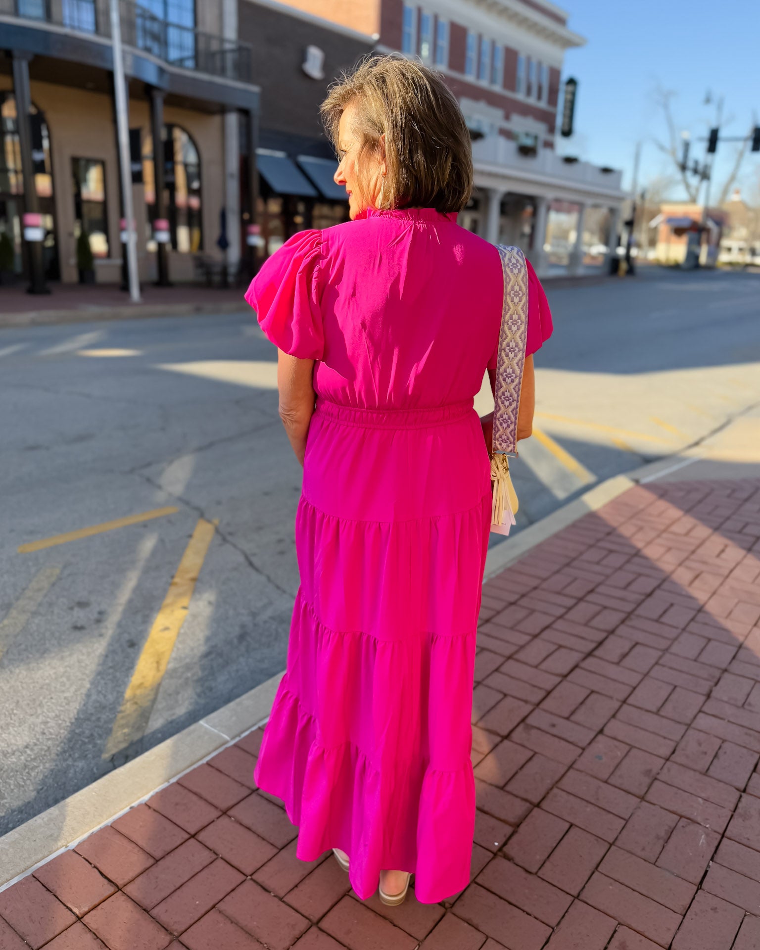 Magenta Midi Dress with Bubble Sleeve