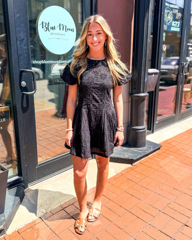 Midnight Bloom Eyelet Mini Dress - black puff sleeve summer dress - Shopbluemoonbentonville