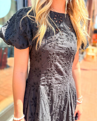Midnight Bloom Eyelet Mini Dress - black puff sleeve summer dress - Shopbluemoonbentonville