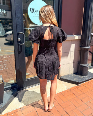 Midnight Bloom Eyelet Mini Dress - black puff sleeve summer dress - Shopbluemoonbentonville